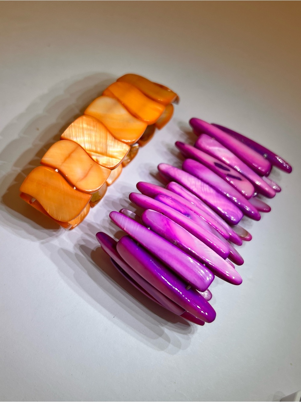 Lot of 2 Mother of Pearl Shell Stretch Bracelets Purple Orange Boho Statement